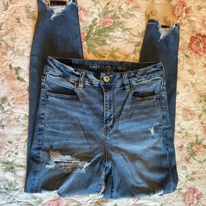 American Eagle Outfitters Blue Skinny Jeans with Distressed Details